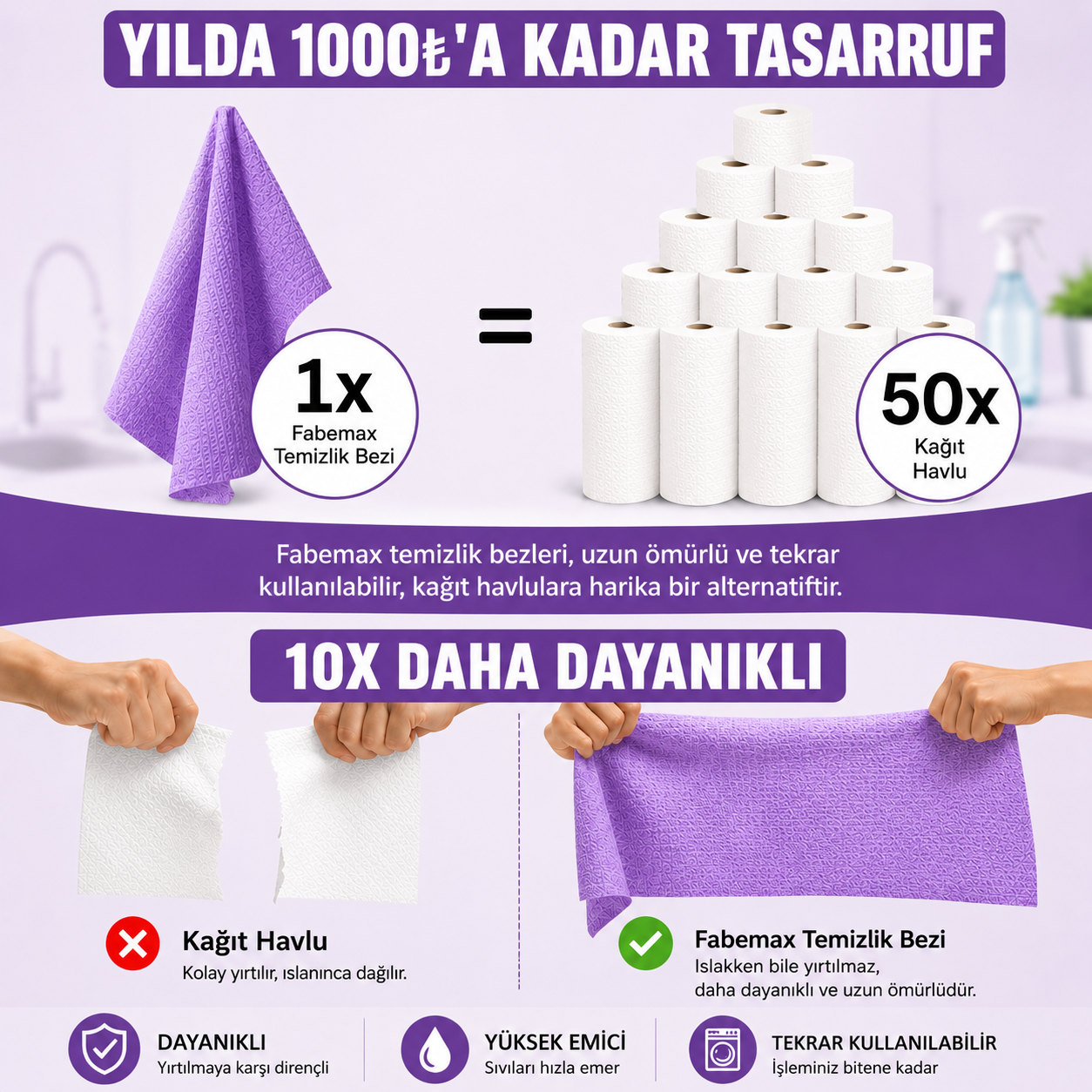 Fabemax Kullan At Temizlik Bezi Havlusu Mor